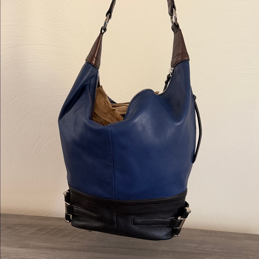 Navy Blue and Black Leather Hobo Handbag - Picture 6 of 6